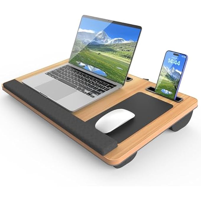 rayihni LAP DESKS, PORTABLE LAPTOP DESK, UP TO 17" LAPTOP TABLE, BUILT-IN WRIST REST, MOUSE PAD, TABLET SLOT, CELL PHONE SLOT, PORTABLE HANDLE, LAPTOP LAP TABLE WITH CUSHION (LIGHT BROWN) - Image 1