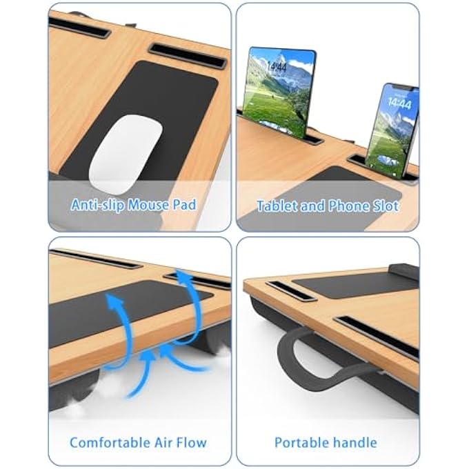 rayihni LAP DESKS, PORTABLE LAPTOP DESK, UP TO 17" LAPTOP TABLE, BUILT-IN WRIST REST, MOUSE PAD, TABLET SLOT, CELL PHONE SLOT, PORTABLE HANDLE, LAPTOP LAP TABLE WITH CUSHION (LIGHT BROWN) - Image 3