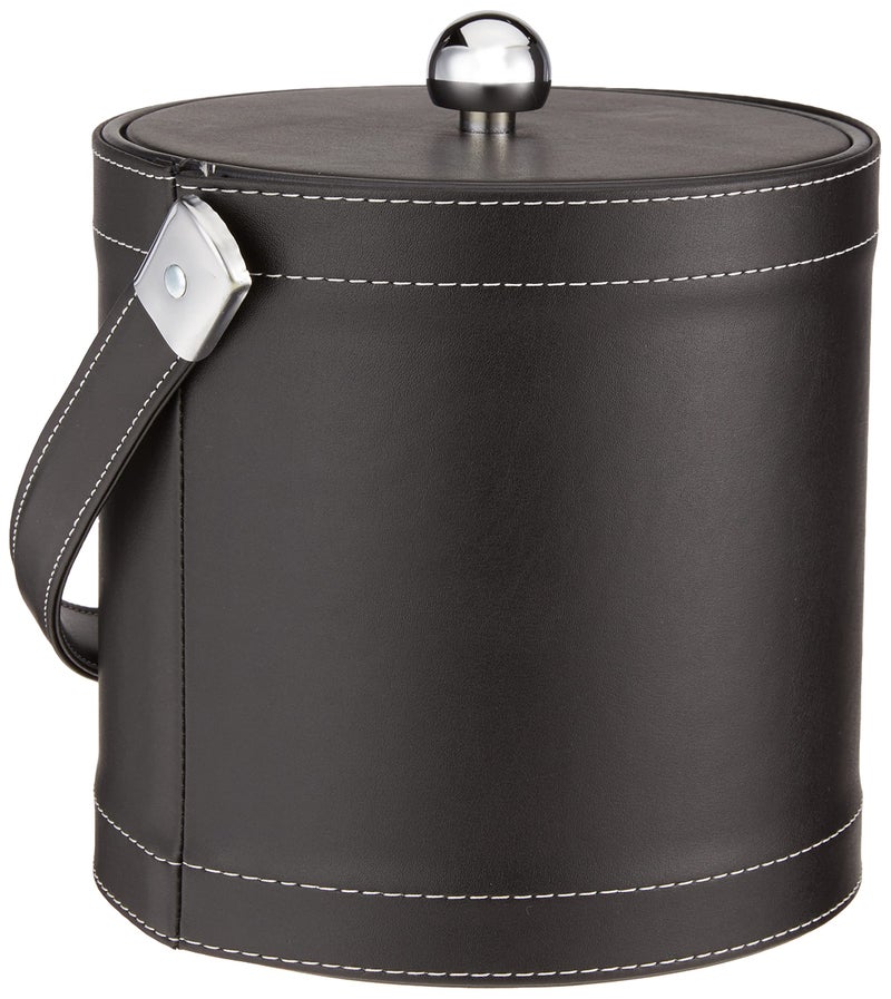Kraftware Ice Bucket with Stitched Handle, Fabric Lid and Chrome Astro Ball Knob, Black - 3 Quart - Image 1