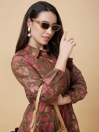 globus Women Brown Floral Printed Shirt Collar Long Sleeve Belted Cotton A-Line Midi Dress