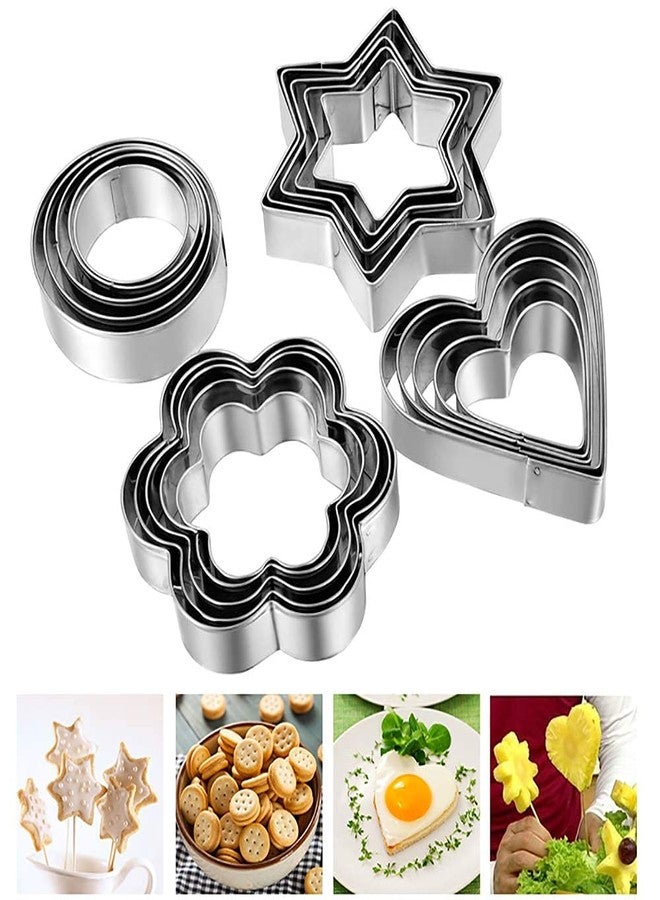 JAY EMPIRE 12 Piece Stainless Steel Cookie Cutter, Metal Cake Vegetable Fruit Biscuit Cutters Molds Set, Hearts Flowers Stars Round Shape, Silver - Image 1