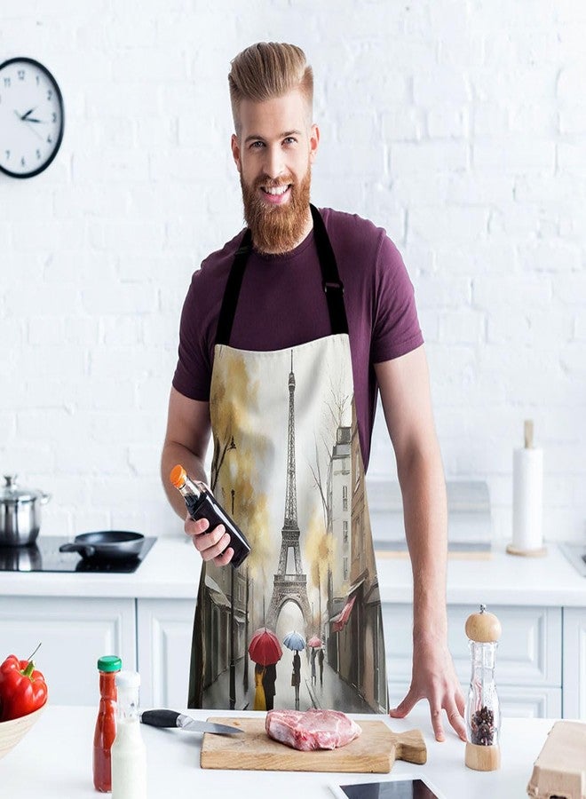Moslion Paris Apron 31x27 Inch Oil Painting Autumn Lovers Kiss on Rainy France Street Eiffel Tower Kitchen Chef Waitress Cook Aprons Bib with Adjustable Neck for Women Men Girls - Image 3