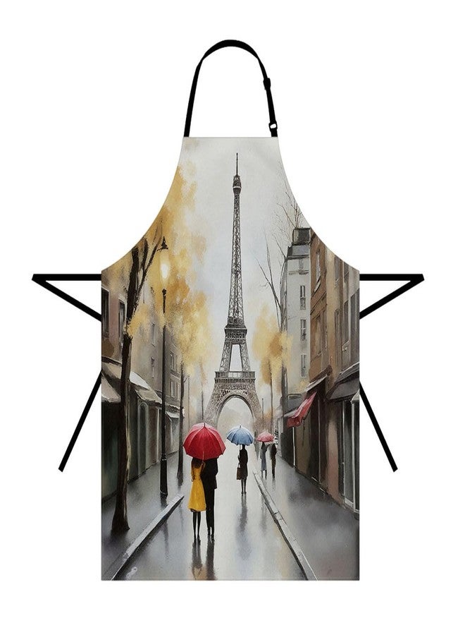 Moslion Paris Apron 31x27 Inch Oil Painting Autumn Lovers Kiss on Rainy France Street Eiffel Tower Kitchen Chef Waitress Cook Aprons Bib with Adjustable Neck for Women Men Girls - Image 1