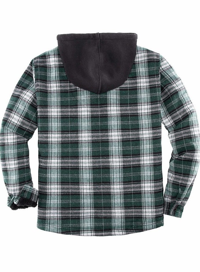 ThCreasa Mens Hooded Flannel Jacket Sherpa Fleece Lined Zip Up Fuzzy Hoodie Shirt Jackets Green/White L, Green/White, L - Image 2