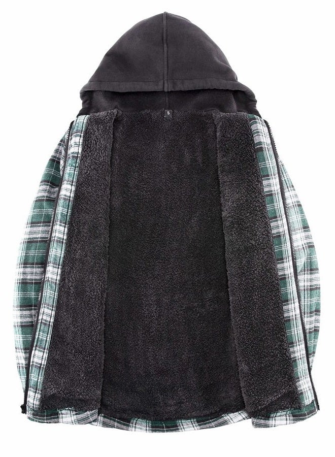 ThCreasa Mens Hooded Flannel Jacket Sherpa Fleece Lined Zip Up Fuzzy Hoodie Shirt Jackets Green/White L, Green/White, L - Image 3