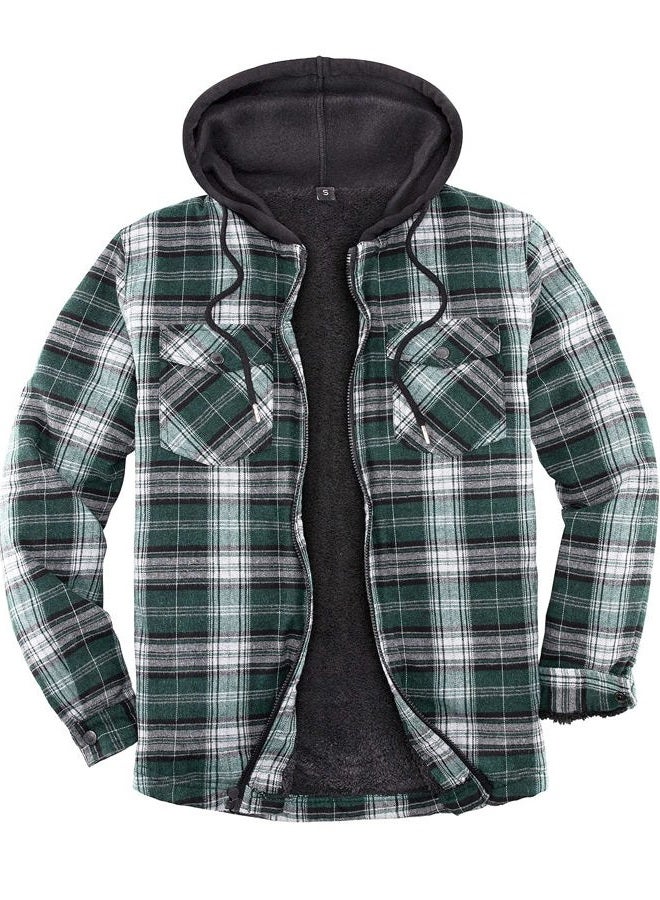 ThCreasa Mens Hooded Flannel Jacket Sherpa Fleece Lined Zip Up Fuzzy Hoodie Shirt Jackets Green/White L, Green/White, L - Image 1