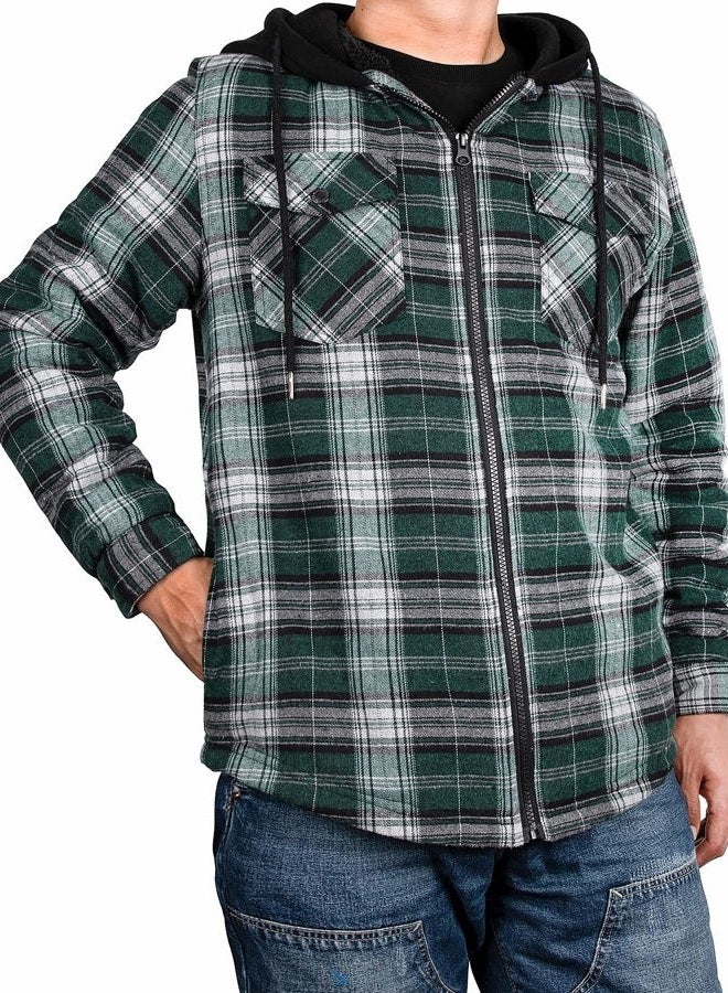ThCreasa Mens Hooded Flannel Jacket Sherpa Fleece Lined Zip Up Fuzzy Hoodie Shirt Jackets Green/White L, Green/White, L - Image 4