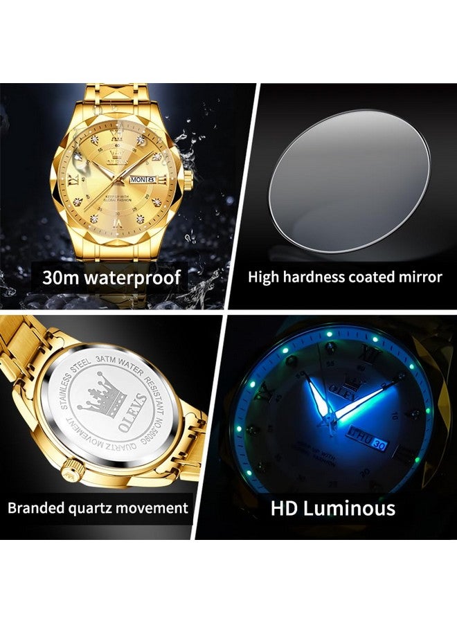OLEVS Watches for Men Diamond Date Day Calendar Gold Wrist Watches Quartz Analog Business Stainless Steel Two Tone Waterproof Luminous Men Watch - Image 5