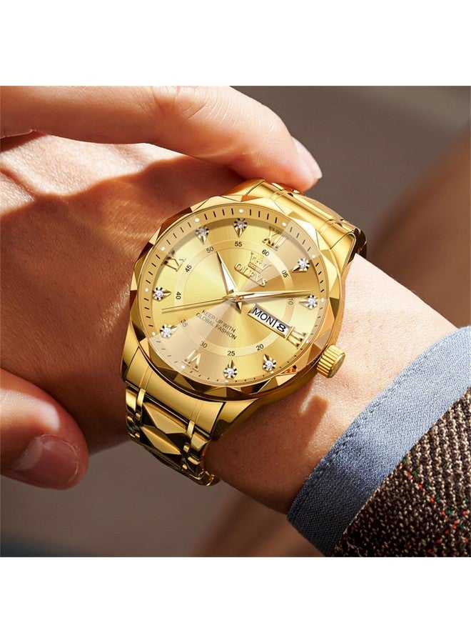 OLEVS Watches for Men Diamond Date Day Calendar Gold Wrist Watches Quartz Analog Business Stainless Steel Two Tone Waterproof Luminous Men Watch - Image 4