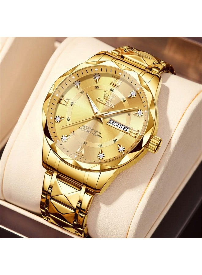 OLEVS Watches for Men Diamond Date Day Calendar Gold Wrist Watches Quartz Analog Business Stainless Steel Two Tone Waterproof Luminous Men Watch - Image 3