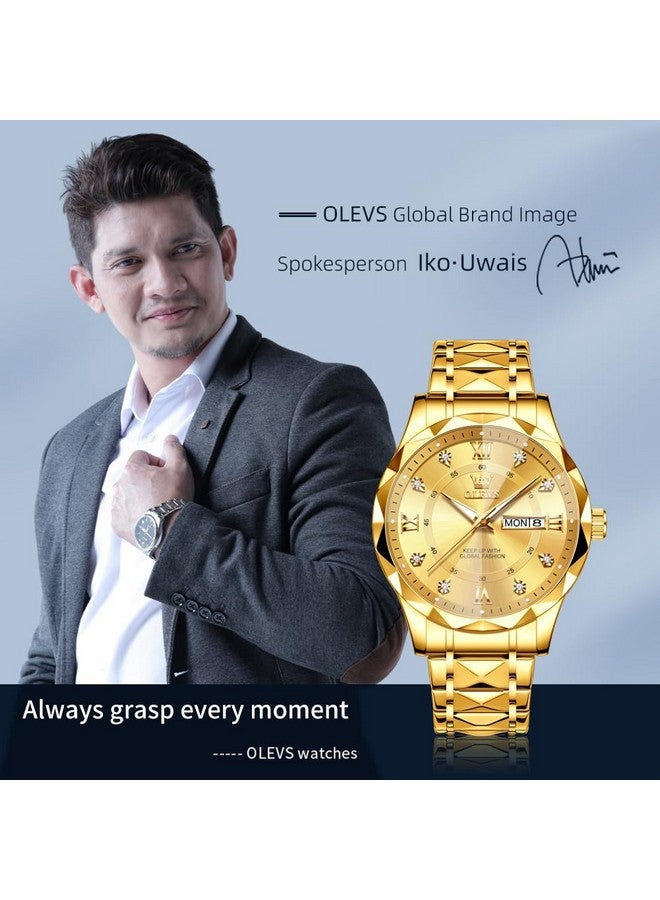 OLEVS Watches for Men Diamond Date Day Calendar Gold Wrist Watches Quartz Analog Business Stainless Steel Two Tone Waterproof Luminous Men Watch - Image 2