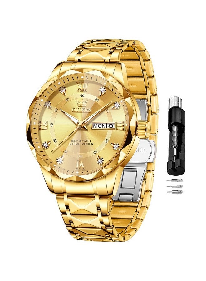 OLEVS Watches for Men Diamond Date Day Calendar Gold Wrist Watches Quartz Analog Business Stainless Steel Two Tone Waterproof Luminous Men Watch - Image 1
