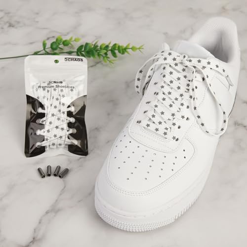 5Chaos Reflective Star Shoelaces, Jogging Running Night Club Party Dancing Shoe Laces for Women Kids Girls Men, Shoestring with Aglets 1Pair (47" (120CM), White) - Image 2