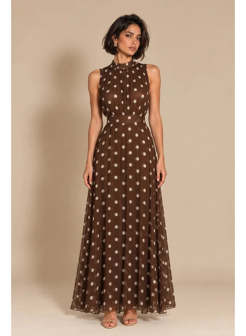2Trendy Women's Brown Maxi Dress with Polka Dot Print, High Neck and Belt