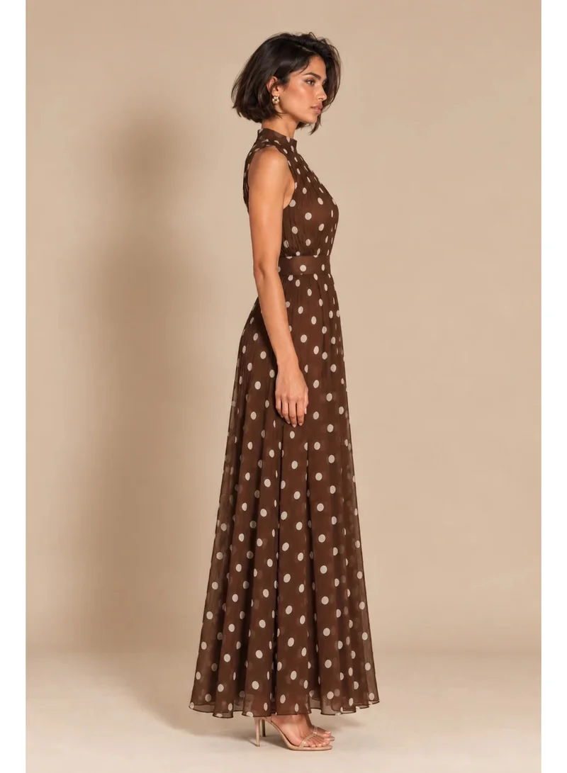 2Trendy Women's Brown Maxi Dress with Polka Dot Print, High Neck and Belt