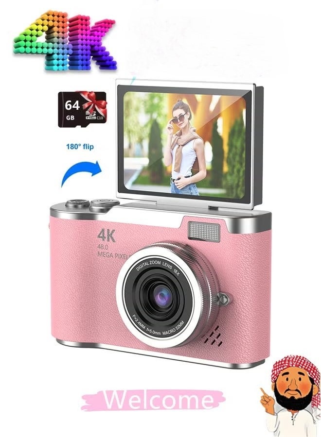 Generic 4k CCD Digital Zoom Student Digital Camera 48MP Portable Digital Photography Camera 180° Flip Screen Selfie Camera，free 64GB SD card  - Image 1