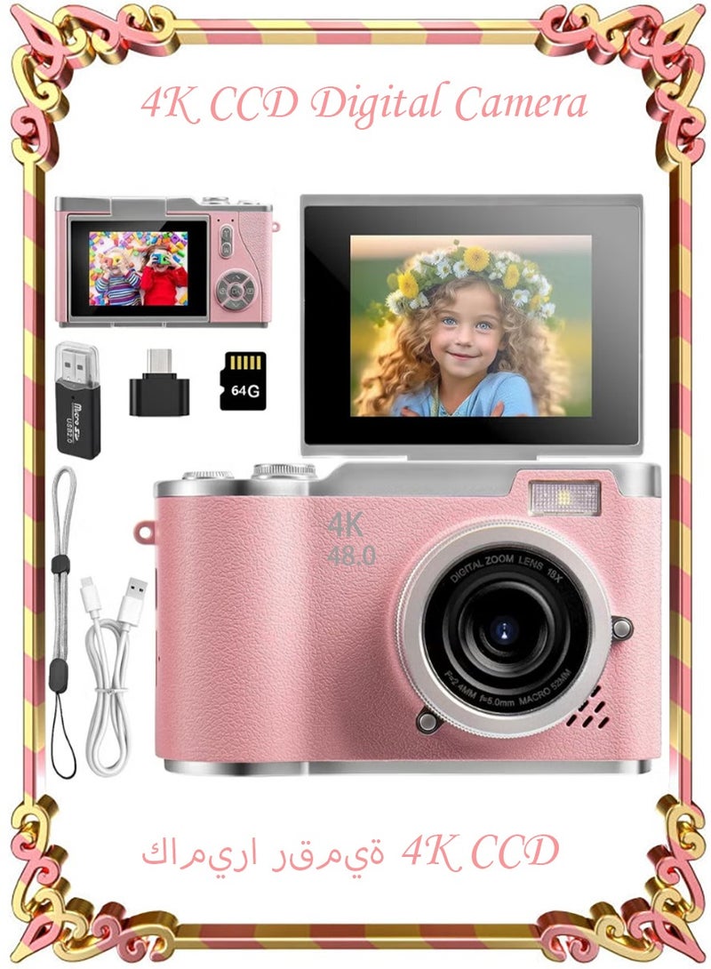 Generic Kids Digital Camera Toys for 3-8 Year Old Girls Boys with 2.4-Inch Screen, 180° Flip Lens, Gift for Kids 64G SD Card Included Pink - Image 1
