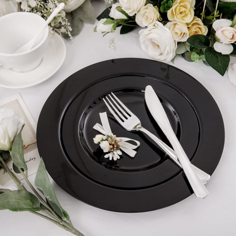 FLOWERCAT 60PCS Black Plastic Plates - Heavy Duty Black Disposable Plates for 30 guests Party/Father's Day/Wedding - Include 30PCS 10.25inch Dinner Plates and 30PCS 7.5inch Dessert/Salad Plates - Image 5