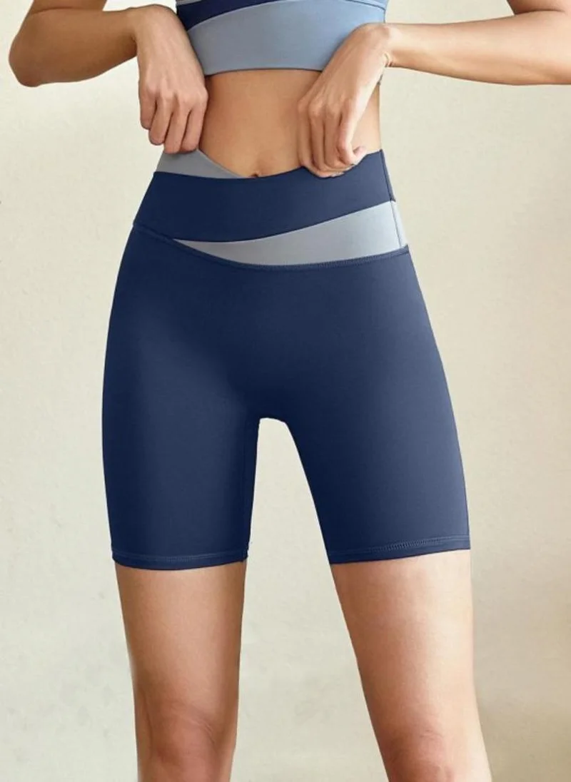 YUNIQEE Blue solid high-rise yoga sports shorts
