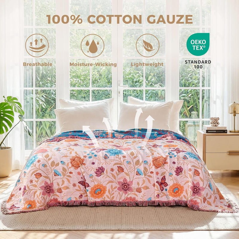 LUTBM Boho Throw Blanket for Couch Sofa Chair Cotton Blankets for Bedroom Living Room All Season Soft Lightweight Reversible Floral Butterfly Embroidery Throws 50"x60" - Image 3