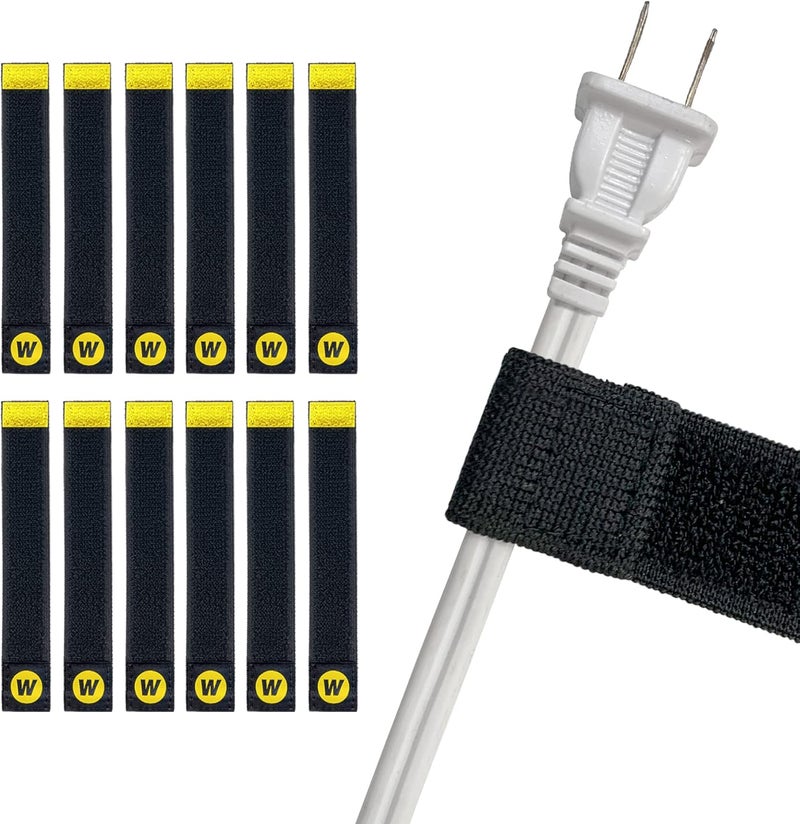 Wrap-It Storage Selfie Straps by - 6-inch (12-Pack) Black - Elastic Hook and Loop Cord Organizer Wraps for Phone Charger, Computer, Electrical Charging Cord and Cable Storage and Organization - Image 1