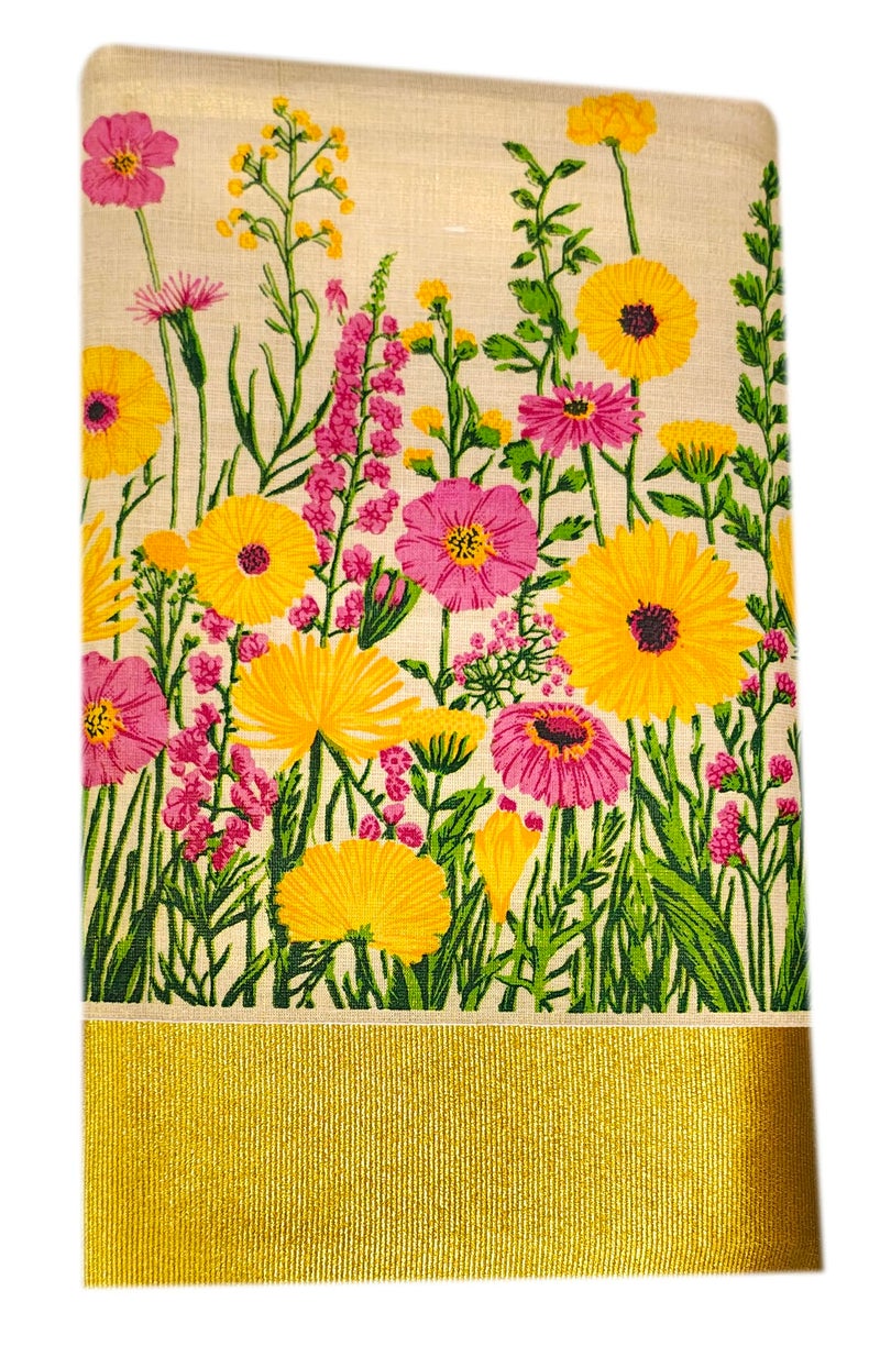 YETTALAN® Women’s Mural Printed Kerala Gold Tissue Saree with Running Blouse (Summer Flowers) - Image 4
