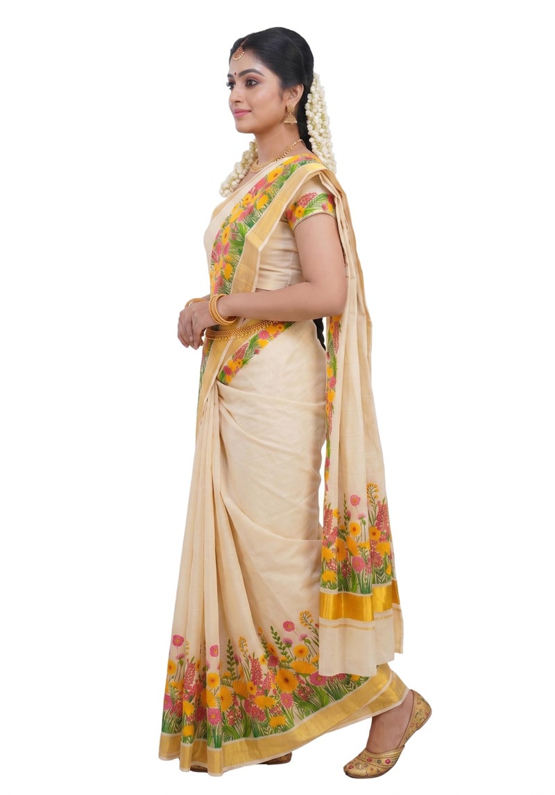YETTALAN® Women’s Mural Printed Kerala Gold Tissue Saree with Running Blouse (Summer Flowers) - Image 5