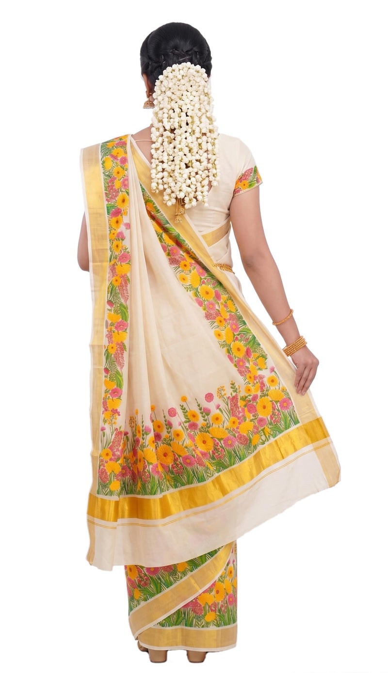 YETTALAN® Women’s Mural Printed Kerala Gold Tissue Saree with Running Blouse (Summer Flowers) - Image 2