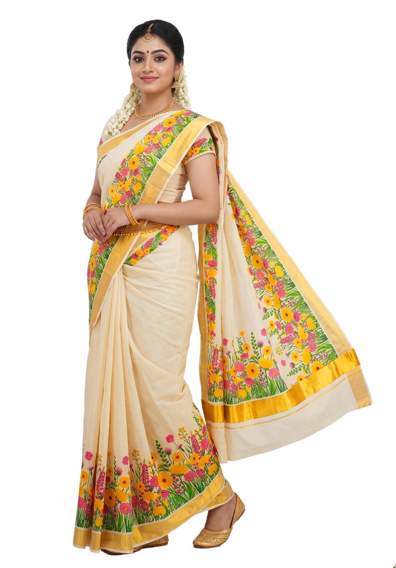 YETTALAN® Women’s Mural Printed Kerala Gold Tissue Saree with Running Blouse (Summer Flowers) - Image 3