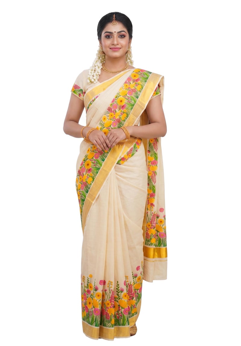 YETTALAN® Women’s Mural Printed Kerala Gold Tissue Saree with Running Blouse (Summer Flowers) - Image 1