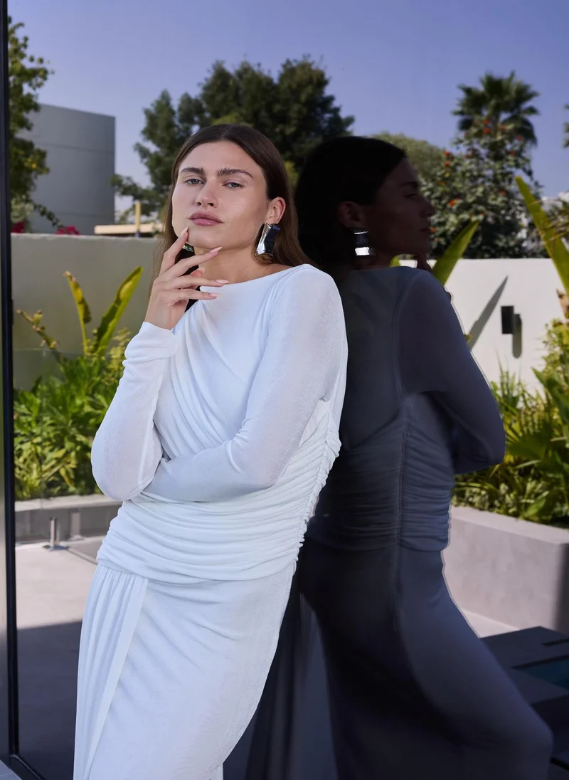 Ashita Fernandes Ruched Draped Column Dress – Ivory White