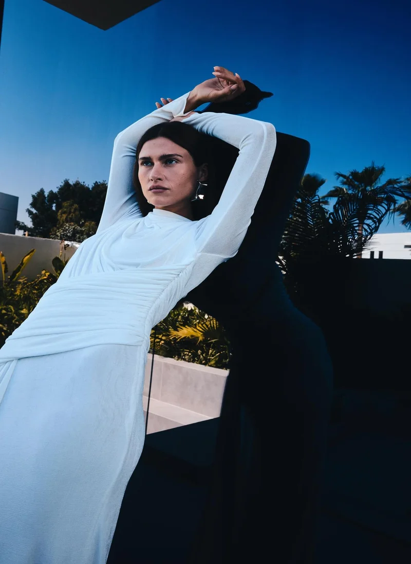 Ashita Fernandes  Ruched Draped Column Dress – Ivory White for Women | Best Price UAE