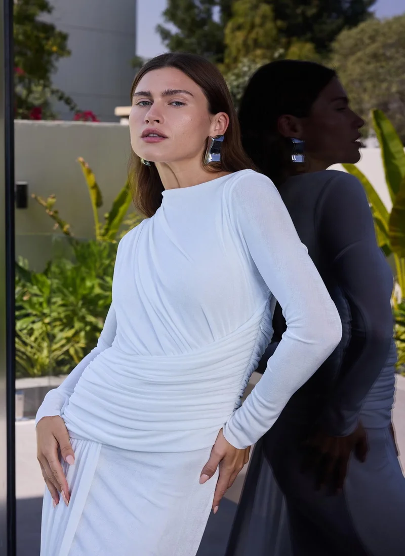 Ashita Fernandes Ruched Draped Column Dress – Ivory White