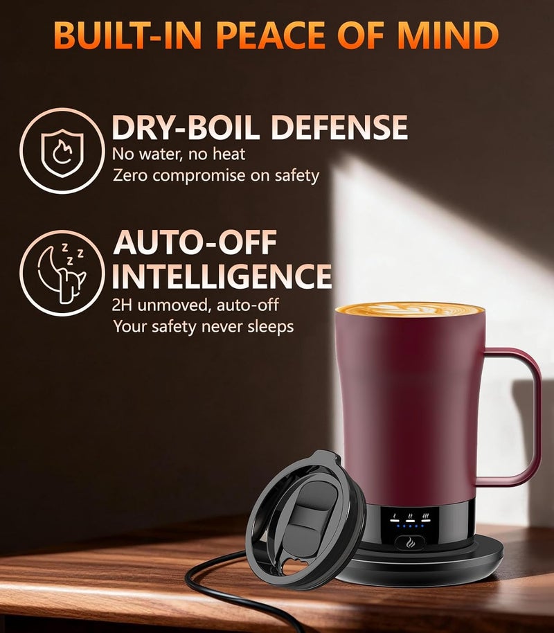 PUSEE Self-Heating Coffee Mug, 400 ml, Rechargeable, Temperature Control, Burgundy Red - Image 4