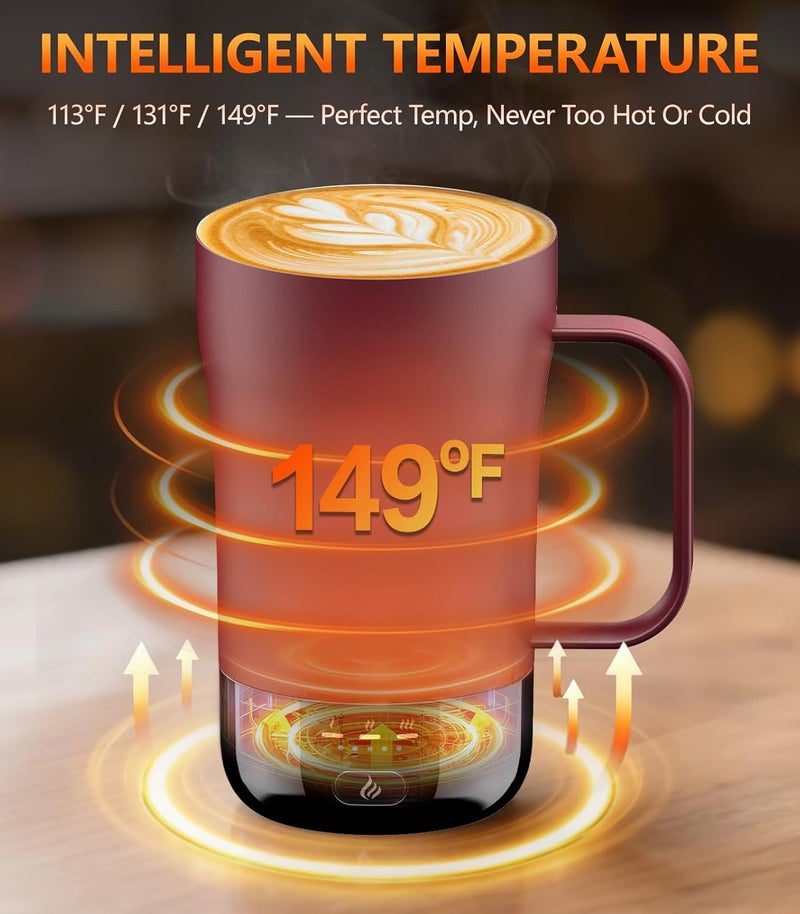 PUSEE Self-Heating Coffee Mug, 400 ml, Rechargeable, Temperature Control, Burgundy Red - Image 2