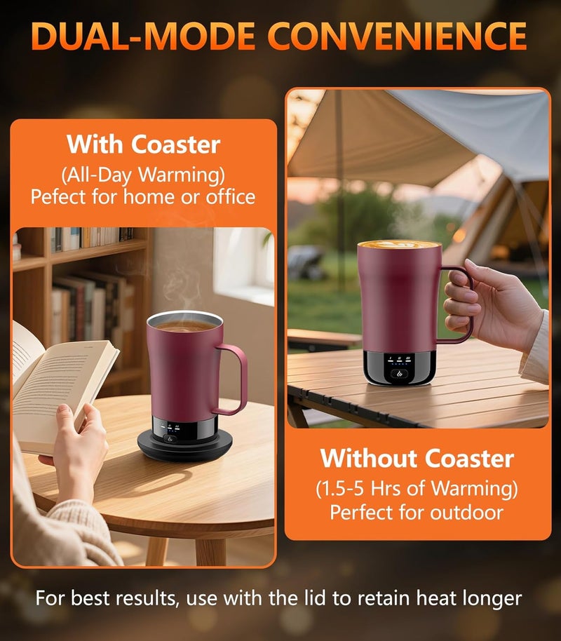 PUSEE Self-Heating Coffee Mug, 400 ml, Rechargeable, Temperature Control, Burgundy Red - Image 3