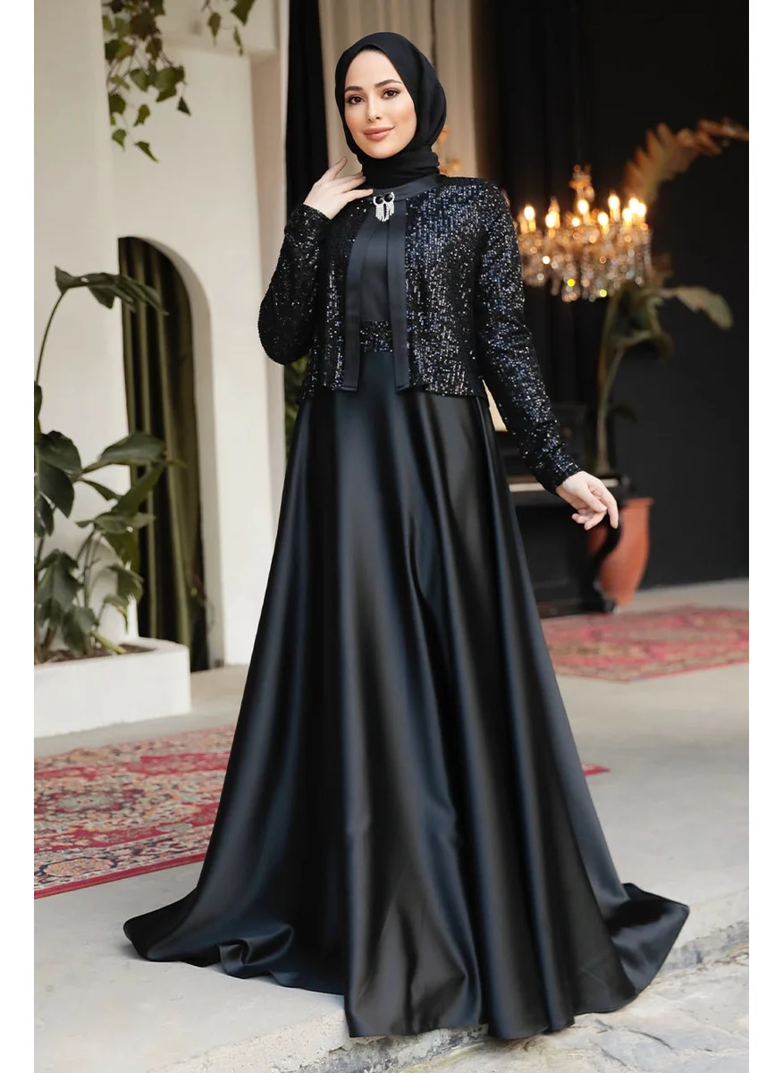 Neva Style Jacket Detailed Black Hijab Satin Evening Dress 25881S