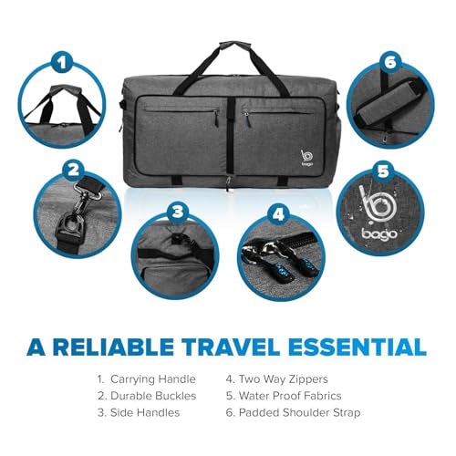 Bago Large Foldable Duffel Bags for Traveling Women & Men - 100L Packable Duffle Bag for Travel with Shoe Compartment - Water Repellant, Heavy Duty, Lightweight Folding & Collapsible (SnowBlack) - Image 3