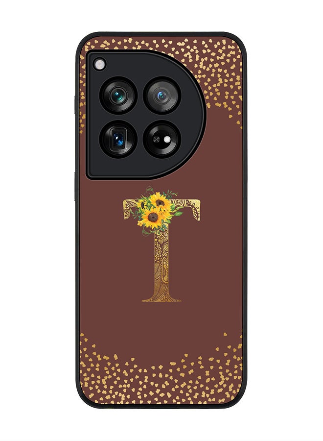 Stylizedd Rugged Black edge case for OnePlus 12R / OnePlus Ace 3 5G, Slim fit Soft Cover - Custom Monogram Initial Letter Floral Pattern Alphabet - T (Brown) - Image 1