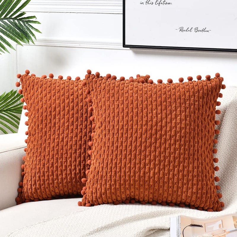 Fancy Homi Set of 2 Rust Decorative Throw Pillow Covers 18x18 Inch with Pompoms for Couch Bed Sofa Modern Farmhouse Boho Home Decor Soft Plush Corduroy Terracotta Cushion Case 45x45 cm