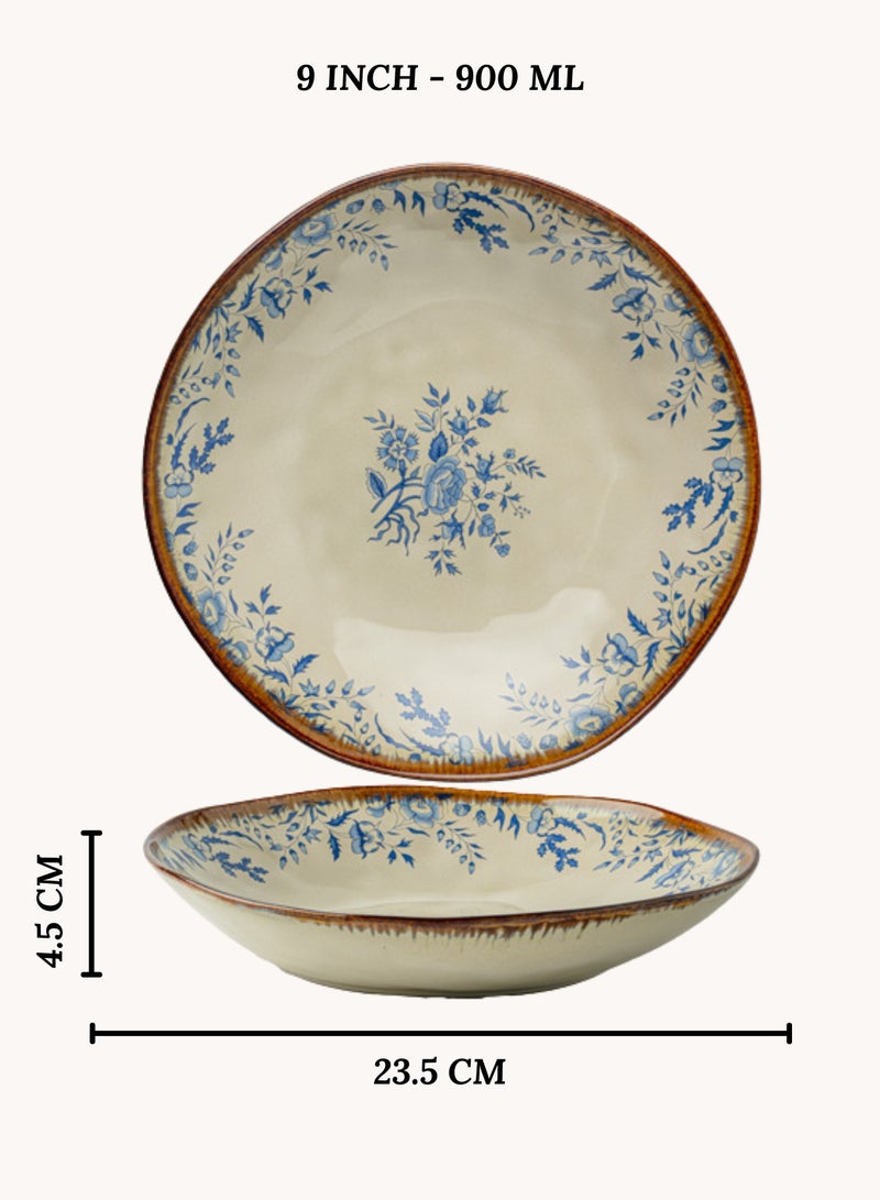Set of 2 Handcrafted Ceramic Dinner Plates 9 inch "Blue Hibiscus" 900ml - Vintage Floral Branch Design, Perfect Housewarming Gift, Artisan Stoneware Serving Plates, Light Beige, Ideal for Pasta, Salad, Main Course & Modern Farmhouse Kitchen Tableware - Image 5