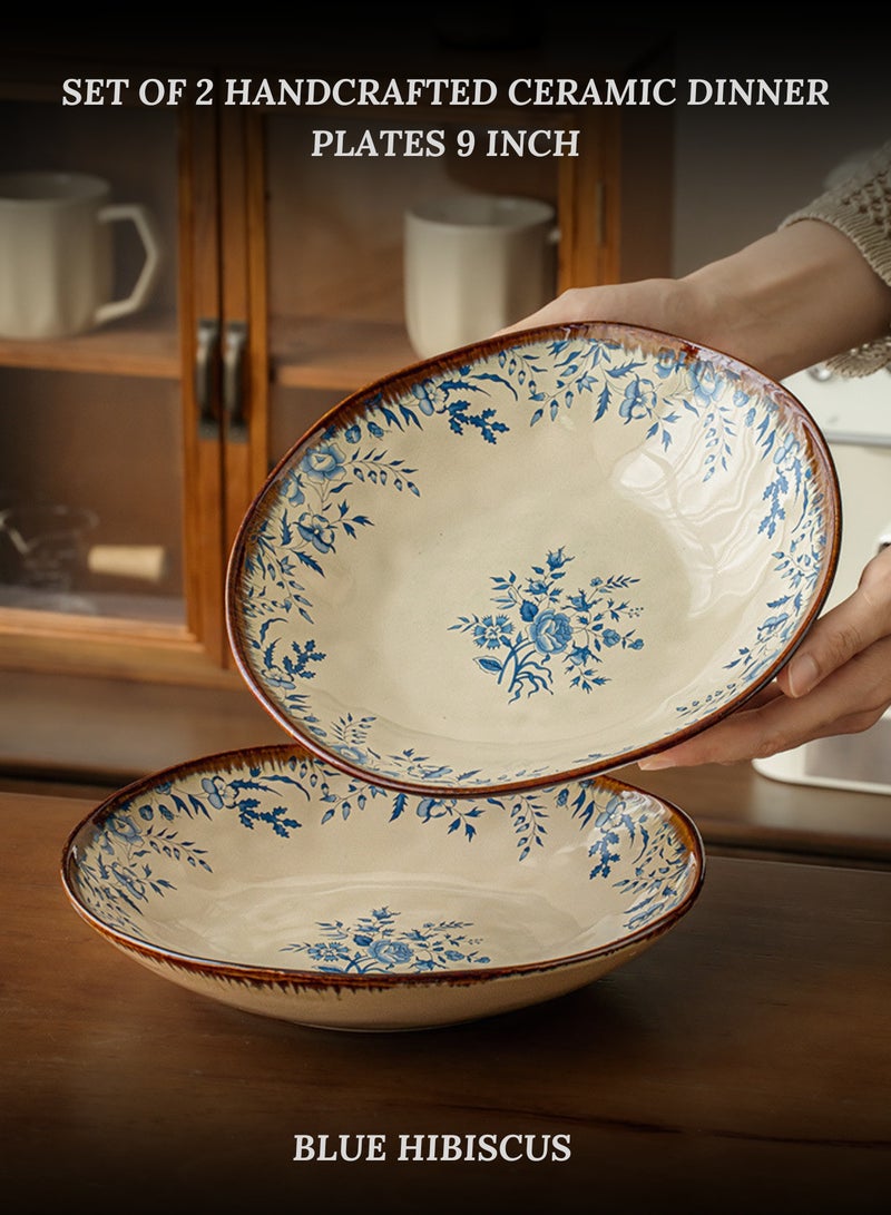 Set of 2 Handcrafted Ceramic Dinner Plates 9 inch "Blue Hibiscus" 900ml - Vintage Floral Branch Design, Perfect Housewarming Gift, Artisan Stoneware Serving Plates, Light Beige, Ideal for Pasta, Salad, Main Course & Modern Farmhouse Kitchen Tableware - Image 1