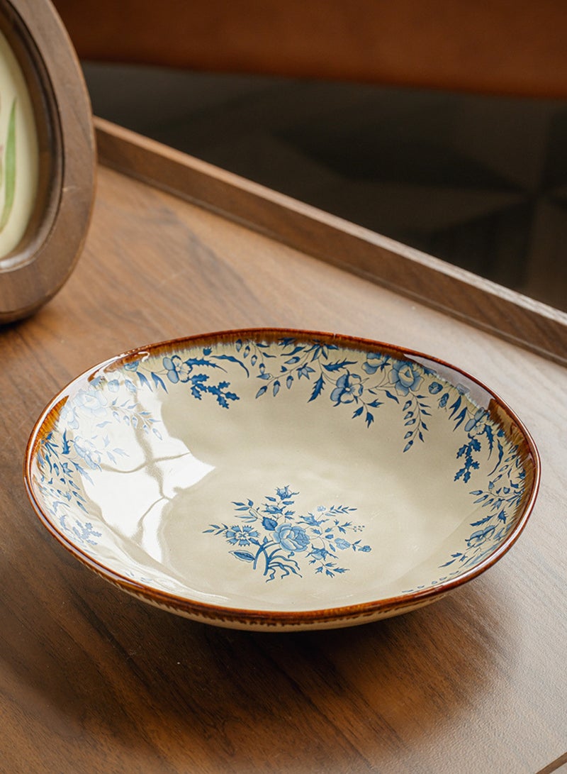 Set of 2 Handcrafted Ceramic Dinner Plates 9 inch "Blue Hibiscus" 900ml - Vintage Floral Branch Design, Perfect Housewarming Gift, Artisan Stoneware Serving Plates, Light Beige, Ideal for Pasta, Salad, Main Course & Modern Farmhouse Kitchen Tableware - Image 2