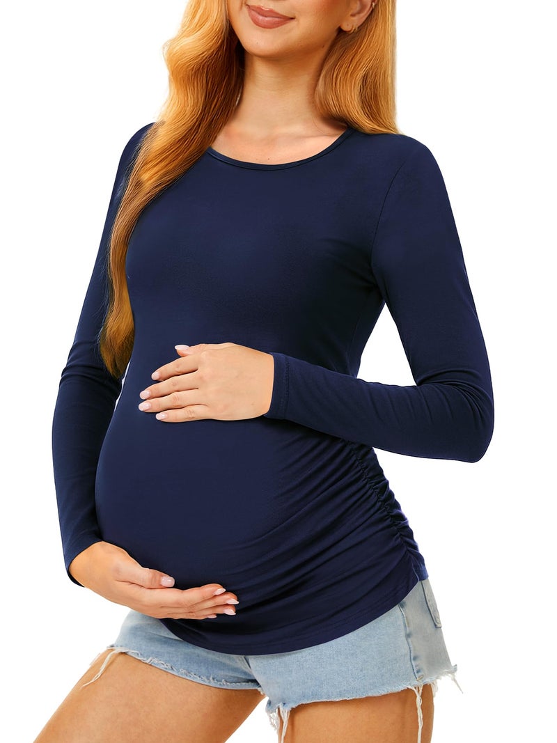 MIRAZEN Maternity Shirts Long Sleeve Pregnancy Top for Women with Crew Neck Casual Tee Shirts, Navy Blue, Medium - Image 1