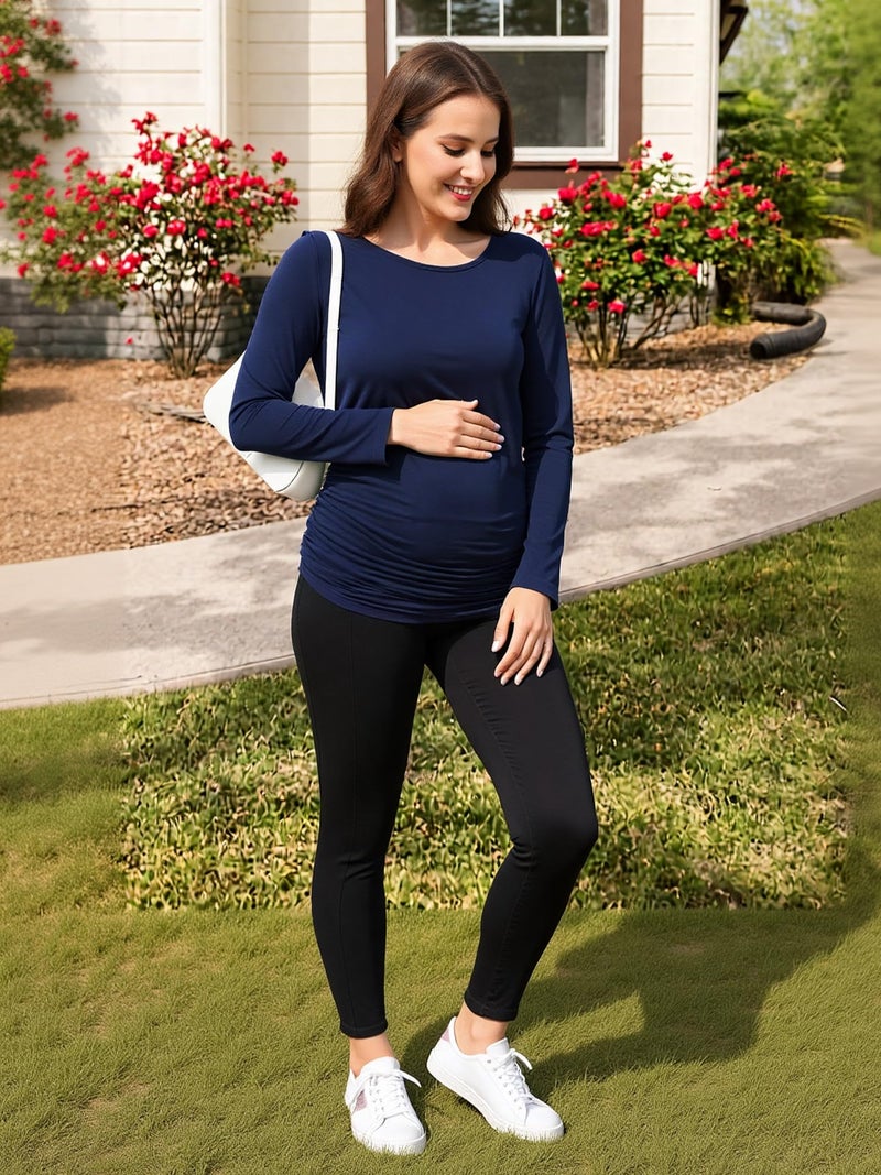 MIRAZEN Maternity Shirts Long Sleeve Pregnancy Top for Women with Crew Neck Casual Tee Shirts, Navy Blue, Medium - Image 3