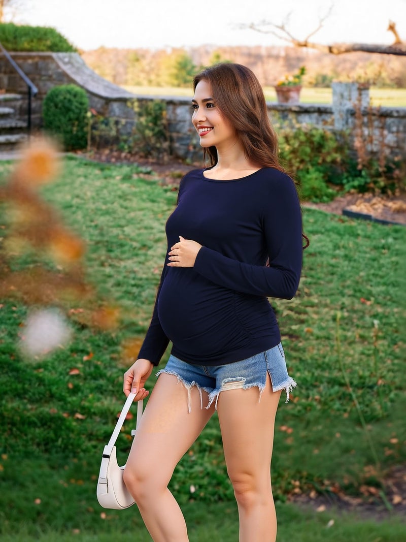 MIRAZEN Maternity Shirts Long Sleeve Pregnancy Top for Women with Crew Neck Casual Tee Shirts, Navy Blue, Medium - Image 4