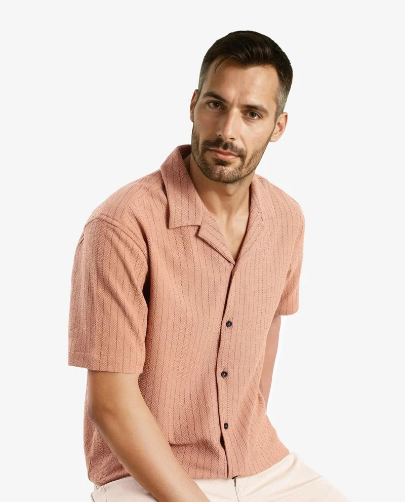 Rare Rabbit Men's Cuban Collar Stripe Shirt