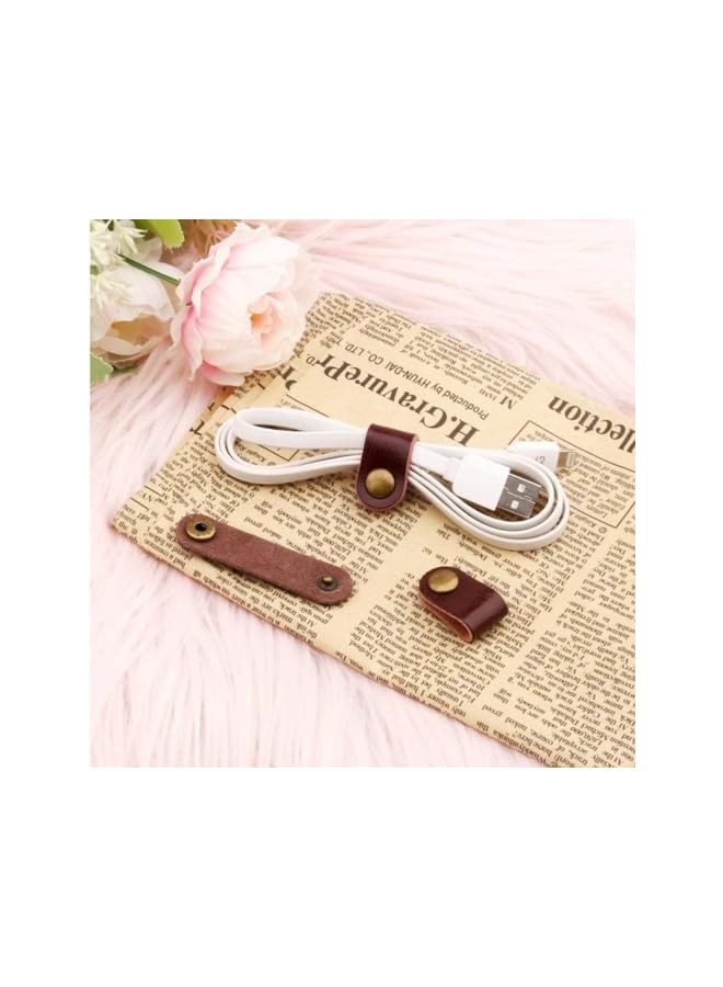 Green Tiger Leather Cable Straps, 10 Pcs Cord Organizer, Cable Keeper USB Holder, Earphone Winder with Leather Handmade, Brown - Image 2