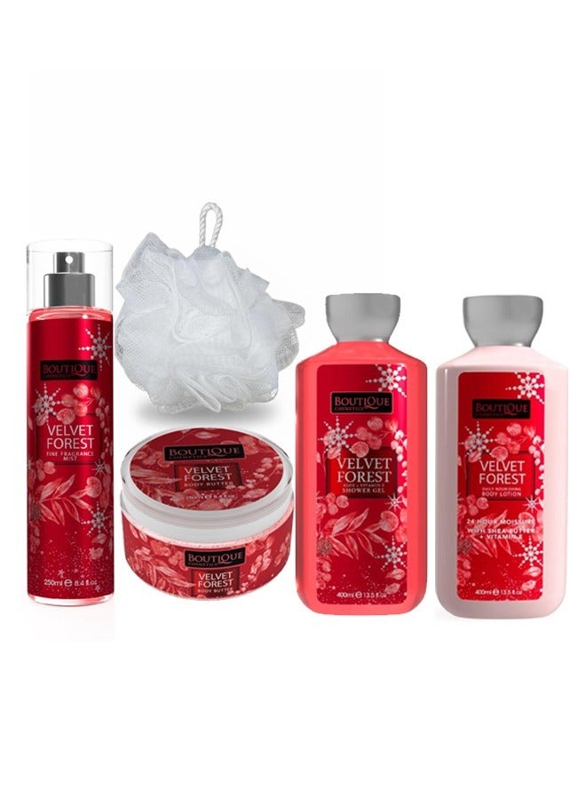 مجموعة فيلفيت فوريست للجسم جل استحمام 400مل + لوشن الجسم 400مل + زبدة للجسم 250مل + معطر للجسم 250مل + ليفة للجسم