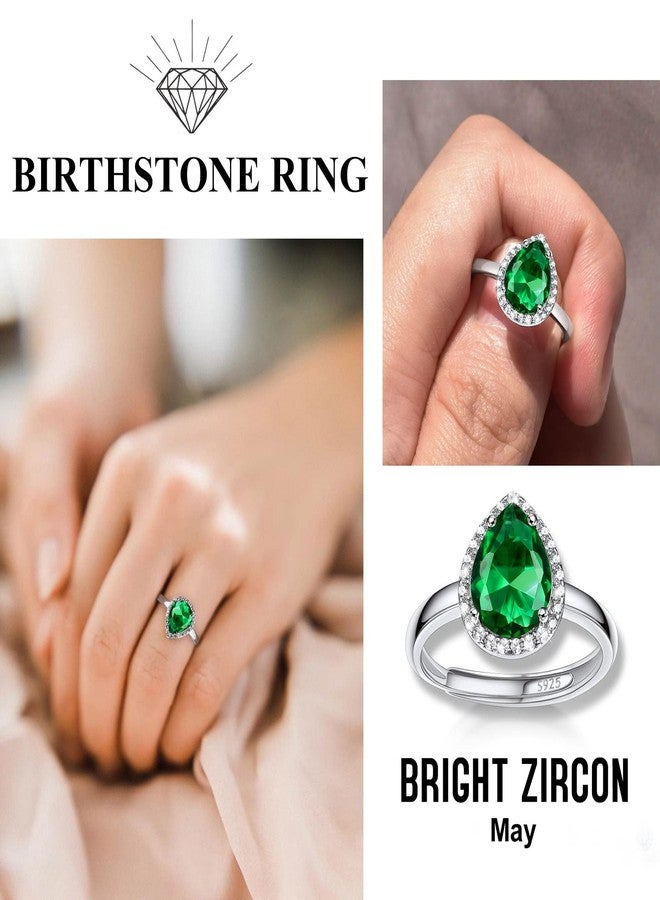Bestyle Teardrop May Emerald Birthstone Rings Embellished with White Cubic Zirconia Minimalist Sterling Silver Open Band Gemstone Rings for Birthday/Christmas/Party/Anniversary/Wedding - Image 2